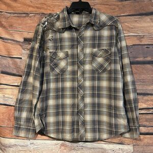 Arizona Jean Co Mens Western Pearl Snap Shirt Large Plaid Distressed Shoulder L